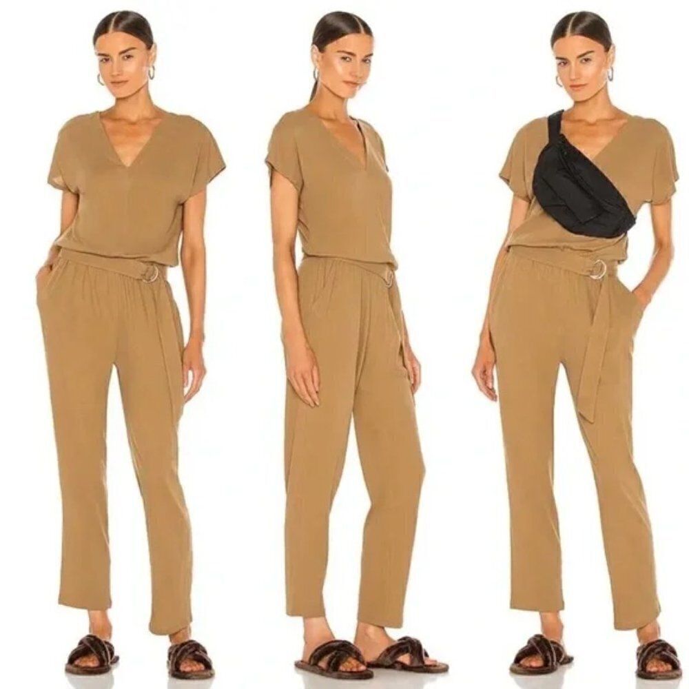 ATM  Anthony Thomas Melillo Khaki High Torison Belted V-neck Jumpsuit LARGE